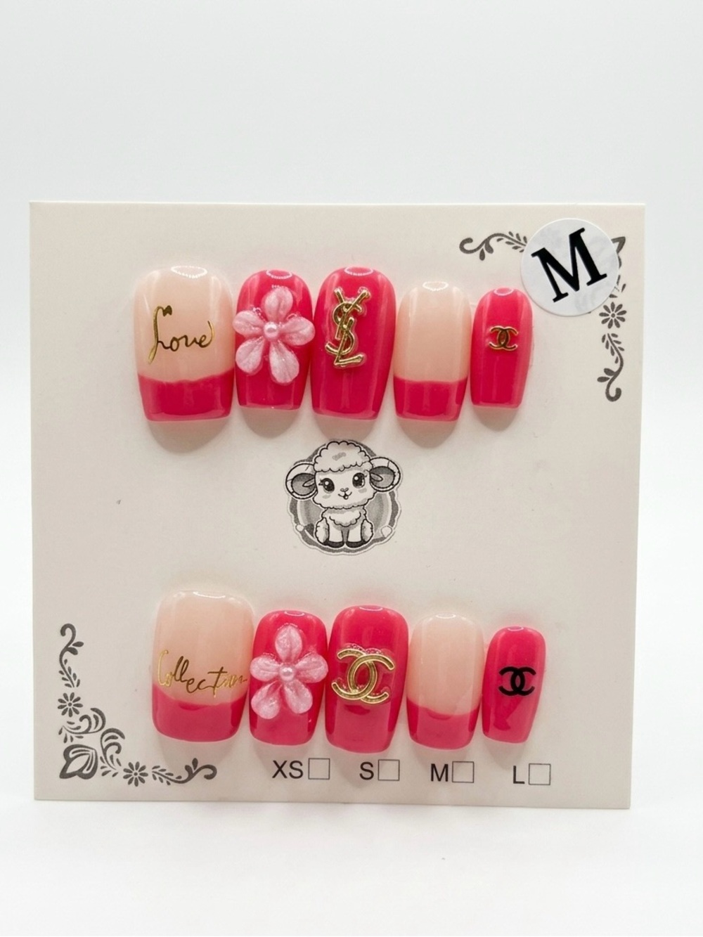 Pink French Tip Press-On Nails with Gold Chanel Accents